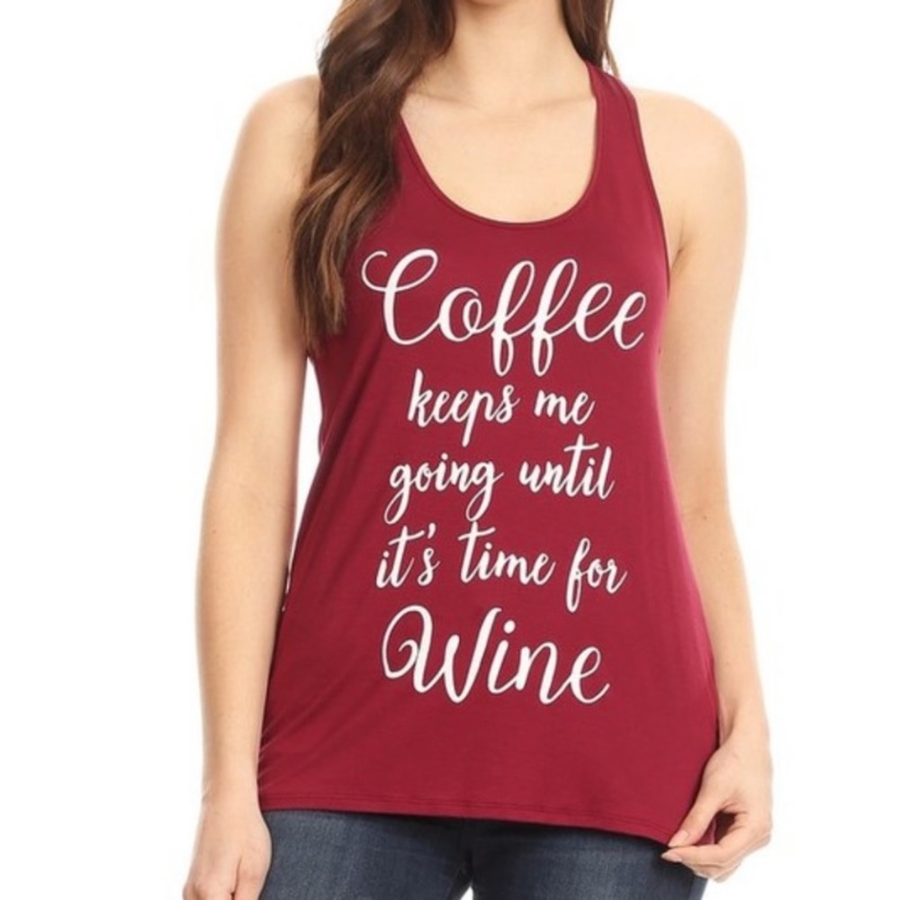 💫New! Wine/Coffee Message Muscle Tank In Black💫